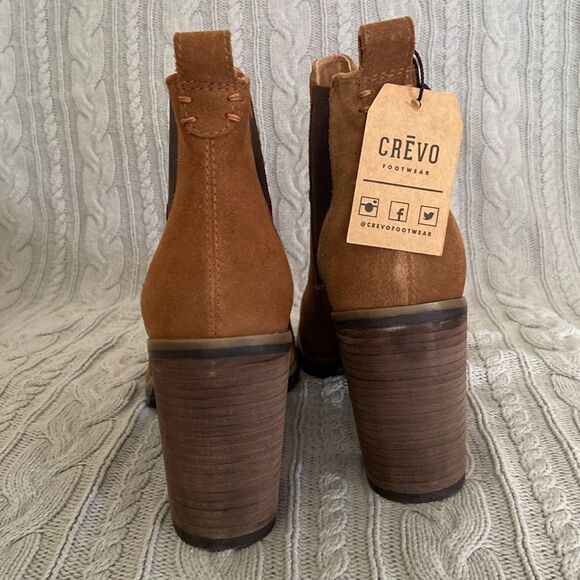 Crevo Alicia Tan Brown Leather Suede Round Toe Block Heel Casual Fall Boots - Picture 5 of 12